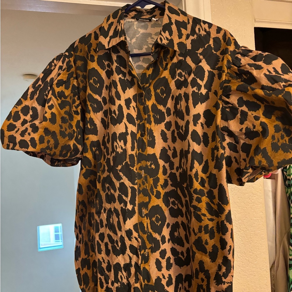 ASOS puffy sleeves cotton leopard print blouse